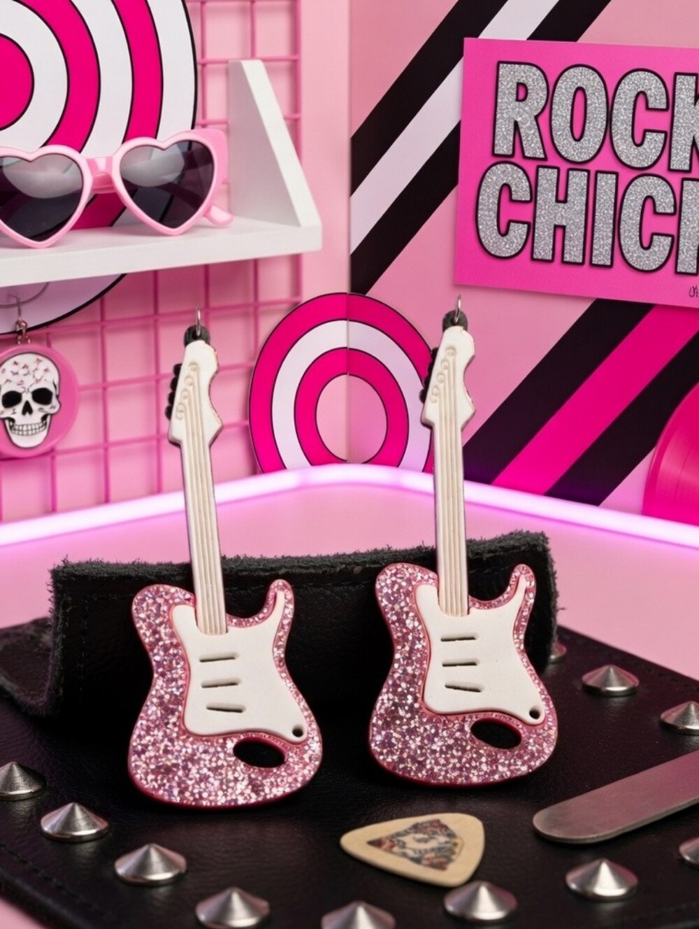 MODCLOTH ACRYLIC GLITTER GUITAR ROCK & ROLL EARRINGS